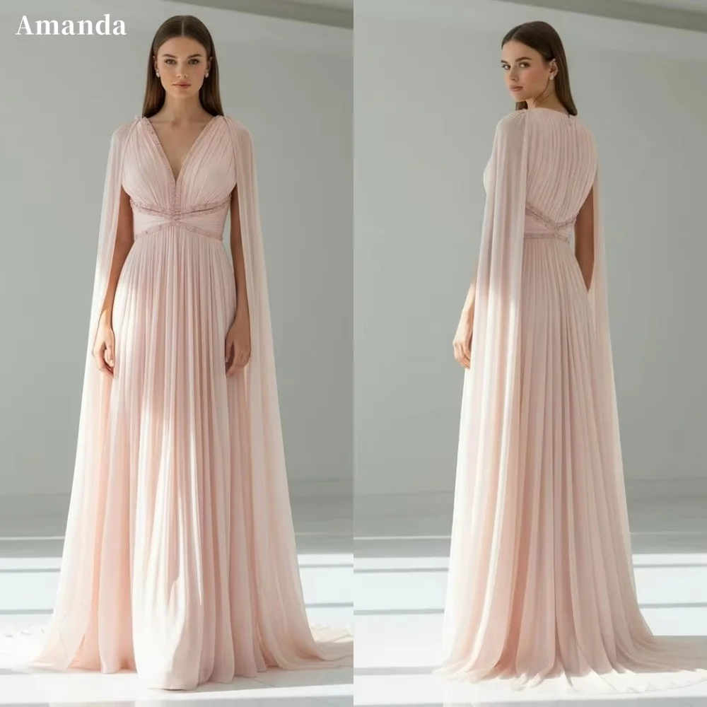 Amanda Custom Blush Pink V Neck Pleated Cape Sleeve Evening Dress Elegant Floor Length Prom Dress Formal Evening Party Gown