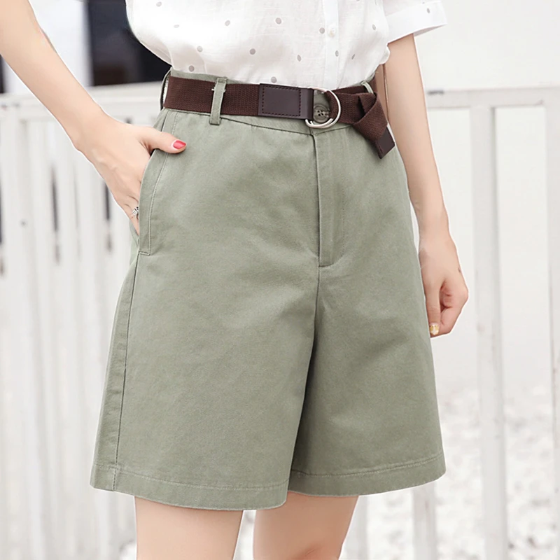 Korean Fashion Casual Summer Shorts Women Loose Wide Leg Pantalon Femme Belt Green White High Waist Shorts Female S-XXL