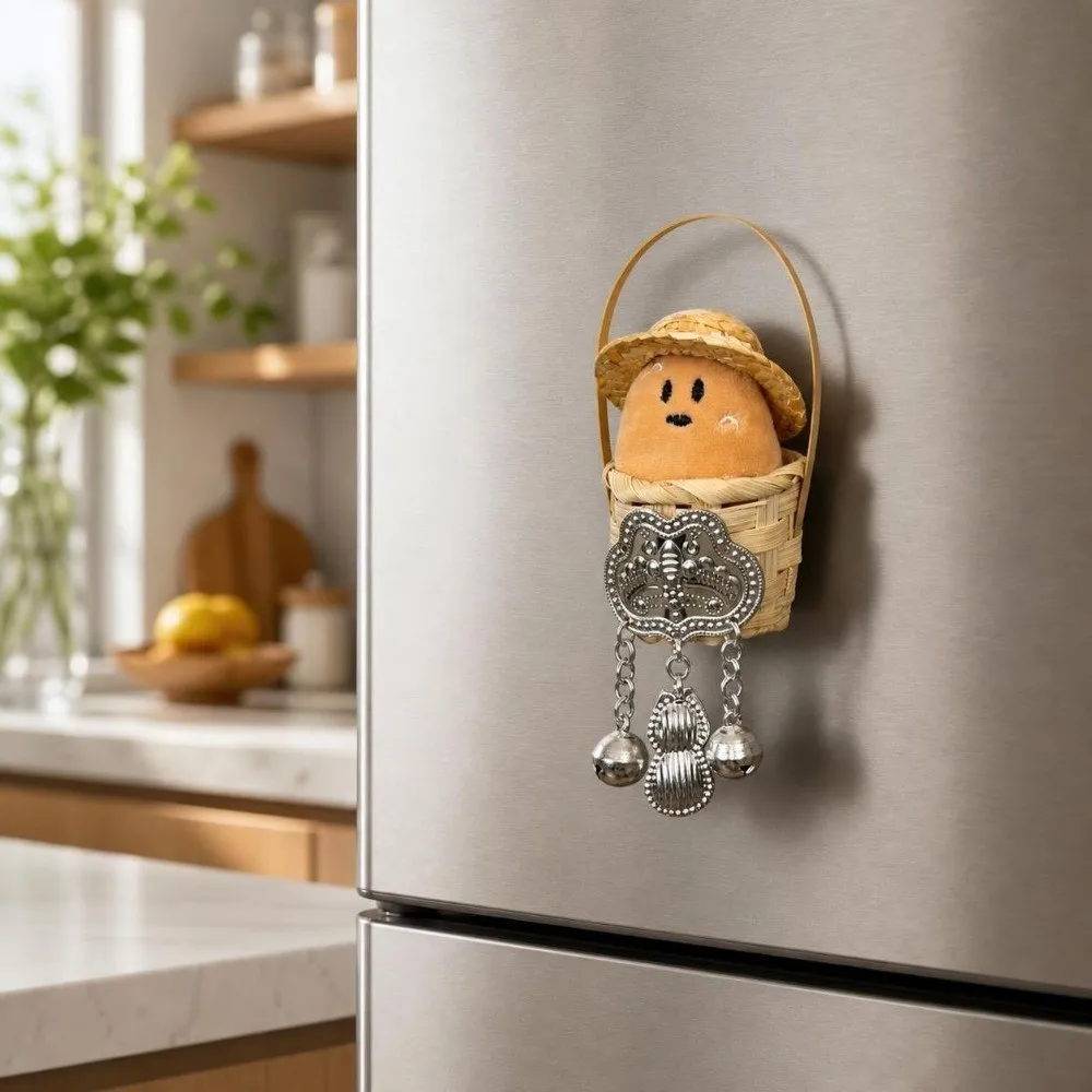 Bamboo Basket Design 3D Plush Potato Fridge Magnet Soft with Bell Potato Doll Refrigerator Magnets Handmade Magnetic Sticker