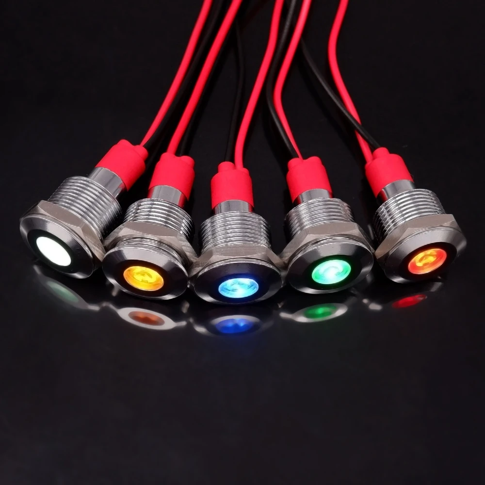 12mm Metal Indicator Light LED Warning Signal Lamp Pilot Wires Power Switch 3V 5V 12V 24V 220V Red Orange Green Blue White