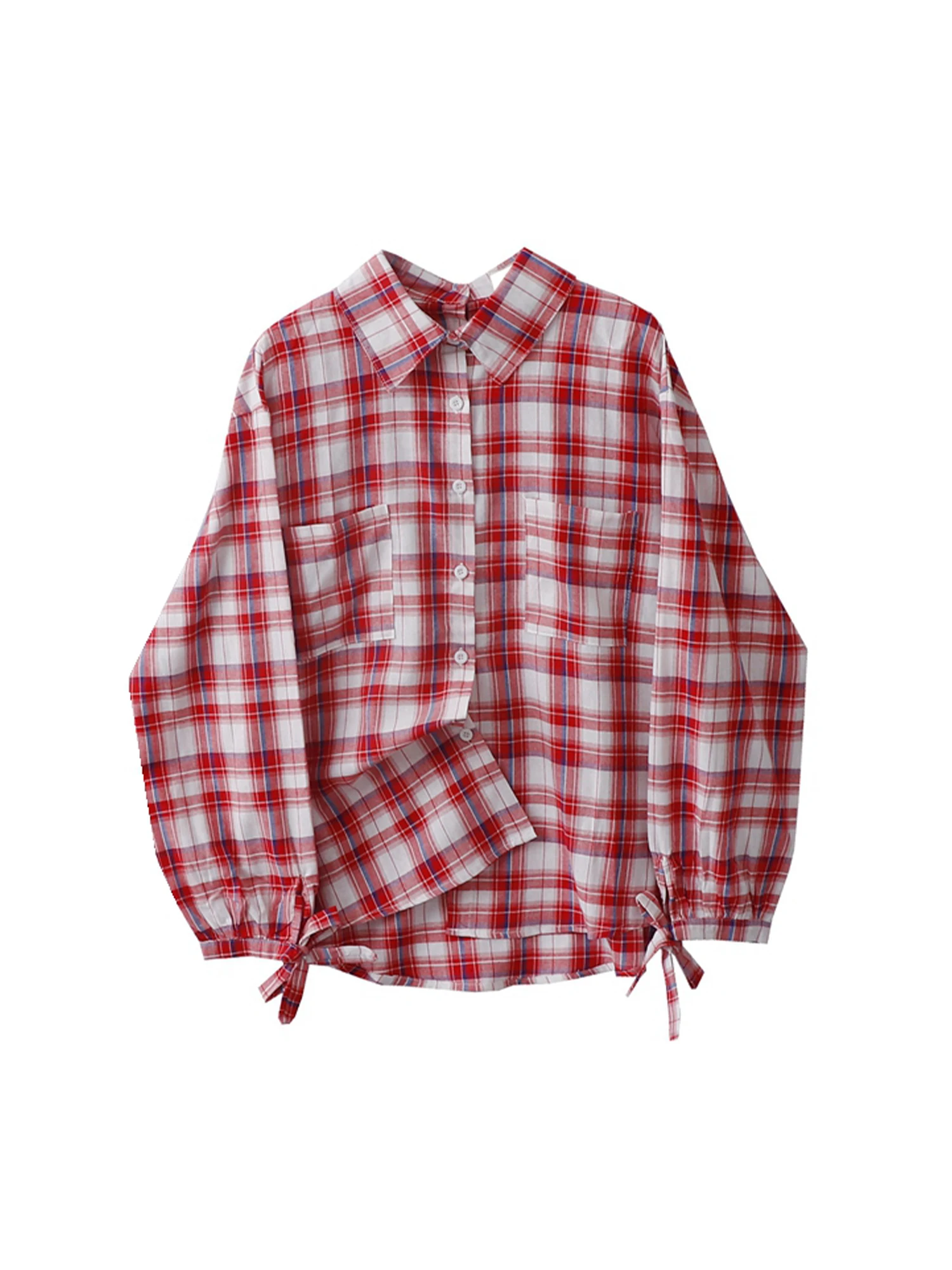 

Women's Red Plaid Shirts Blouses Y2k Vintage 2000s Aesthetic Long Sleeve Polo-Neck Oversize Shirt Fashion Clothes Autumn Spring