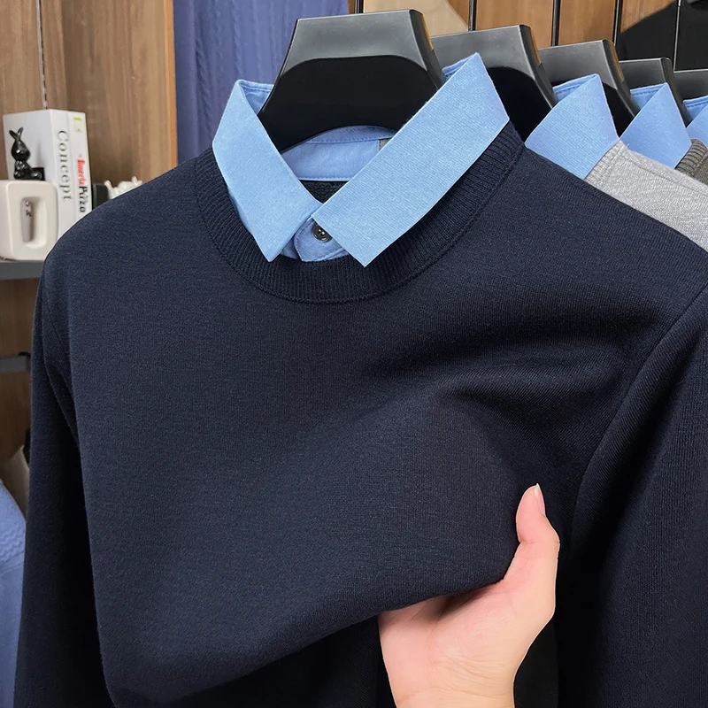 High end wool thicken warm sweater plush comfort winter new fake two-piece knitted pullover fashion shirt collar men's clothing
