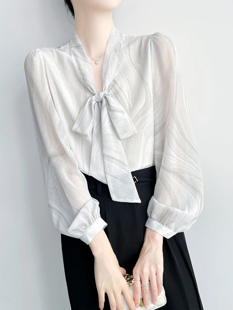 

Romantic Style Satin White Shirt Women's Long Sleeve Layered Wear Knot Business Commute Shirt Spring Season