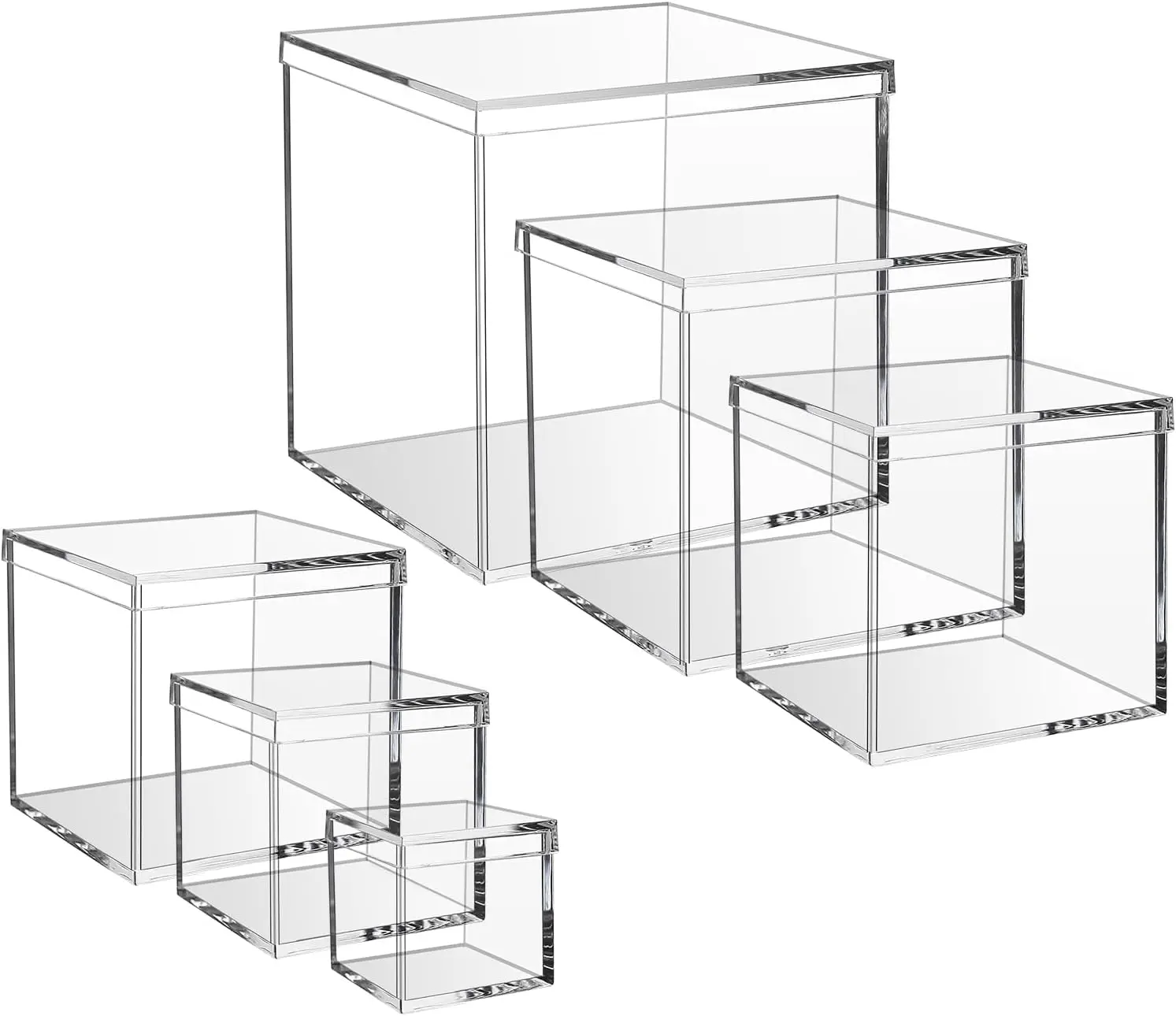 

6 Pack Acrylic Cube Boxes with Lids, Clear Square Storage Containers for Jewelry, Cosmetics, Candy, Figures, 6 Sizes 1.3-4.7 Inch