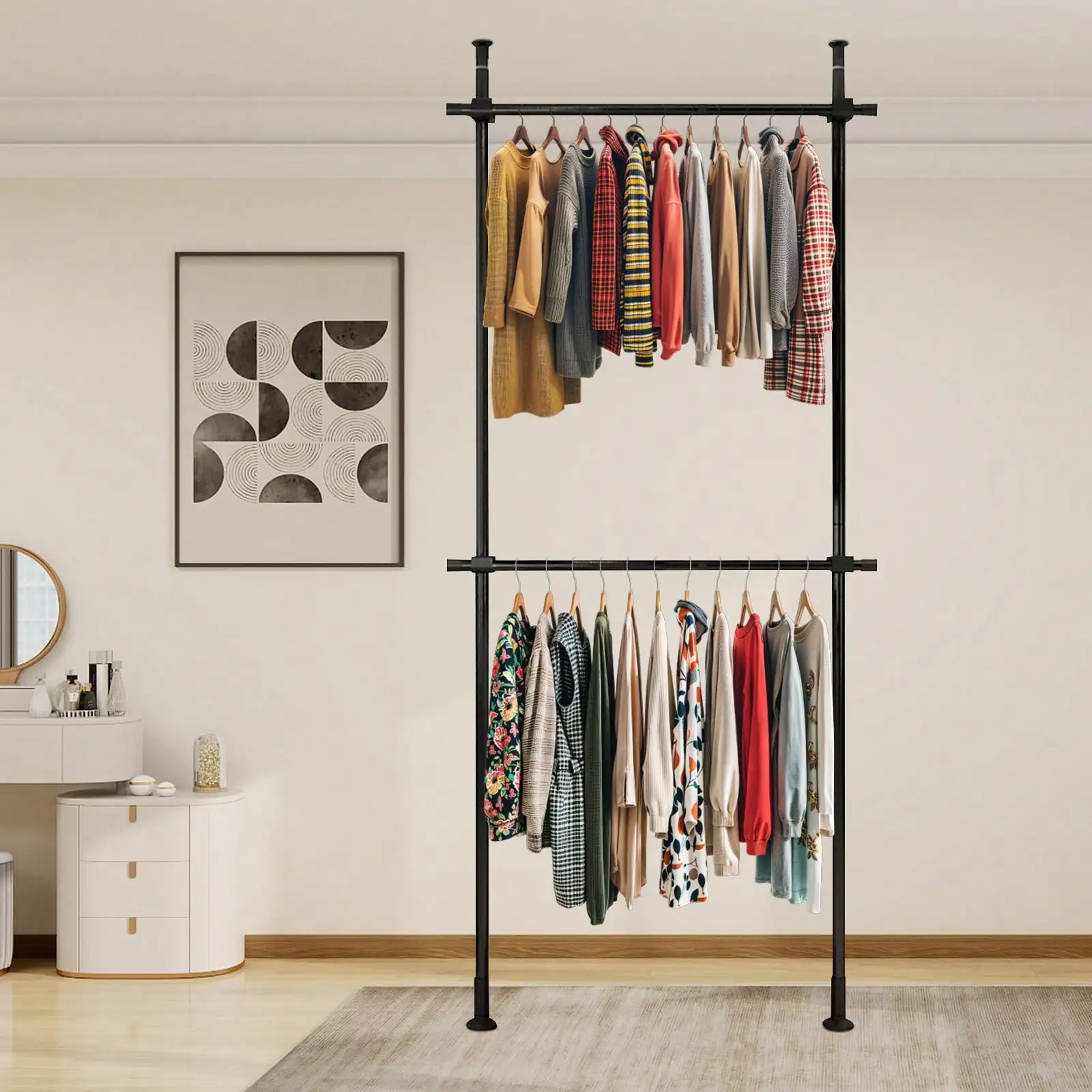 

Modern Black Adjustable No-Drill Heavy-Duty Clothes Storage System, Coat Rack Closet Organizer, Floor Ceiling Laundry Drying Rac