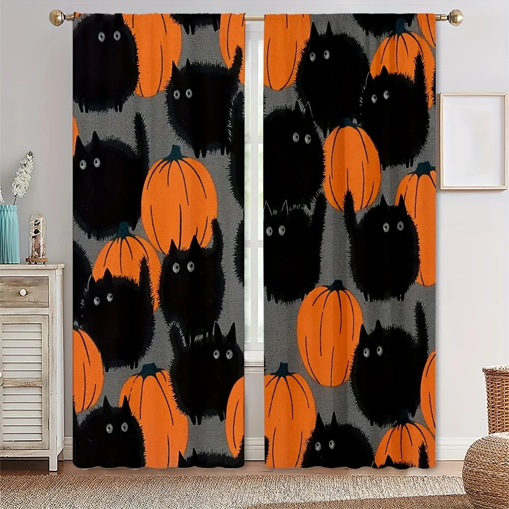 Halloween Lovely Ghost Funny Pumpkin Black Cat Window Curtains For Kids Bedroom Living Room Bathroom Kicthen Door Hall 2pieces