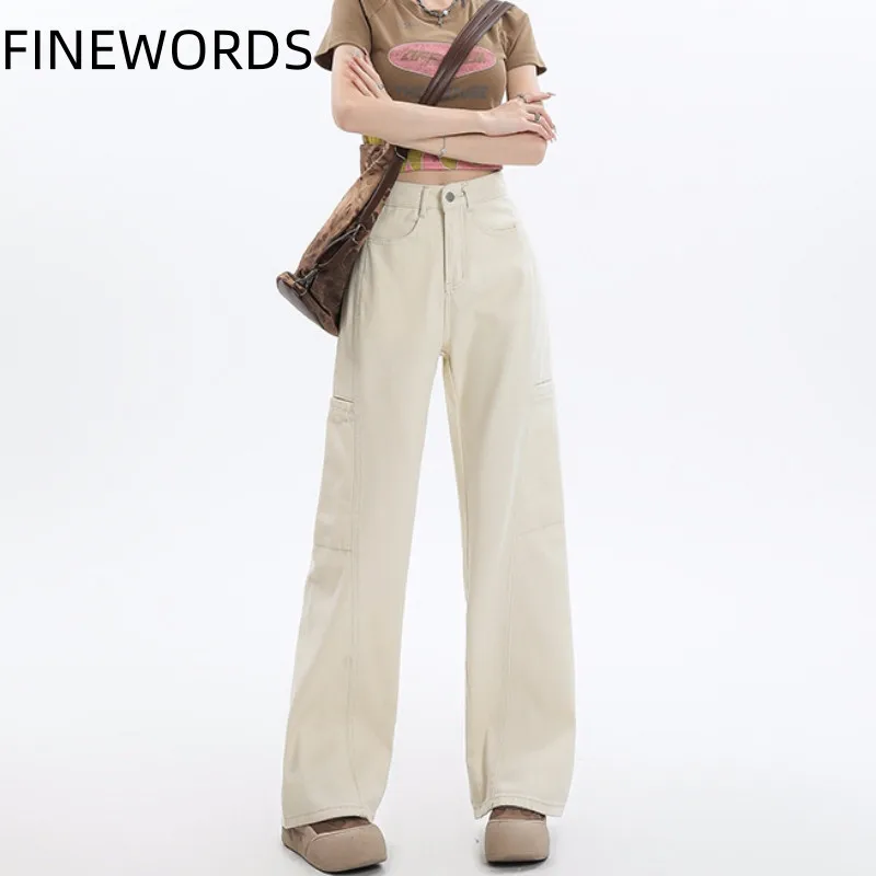 FINEWORDS Vintage Beige Wide Leg Jeans Women Korean Casual Streetwear Baggy Jeans High Waist Punk Harajuku Denim Pants