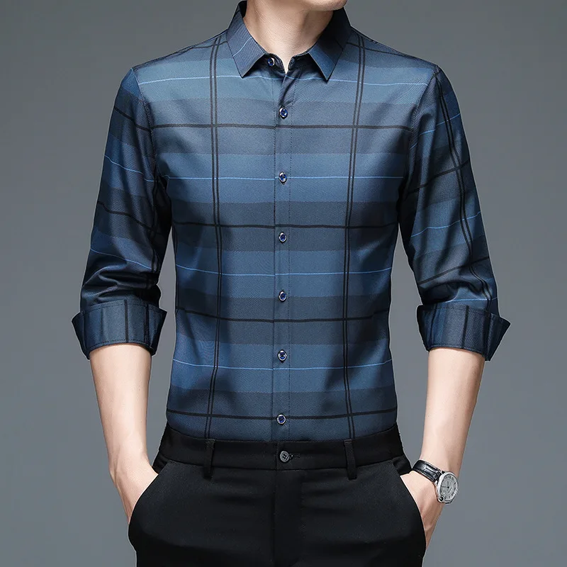 Spring Autumn Plaid Polo Shirt Men\'s Long Sleeve Shirts Casual Fashion Business Shirts Male Formal Top