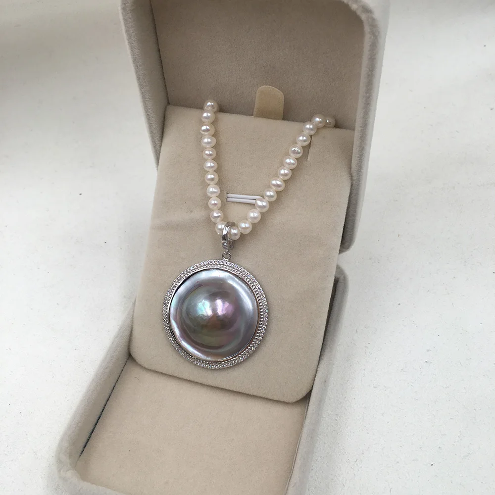 100% nature MABE pearl pendant necklace,925 silver metal-34 mm big HAT baroque pearl necklace,3 MM mini rice pearl choker