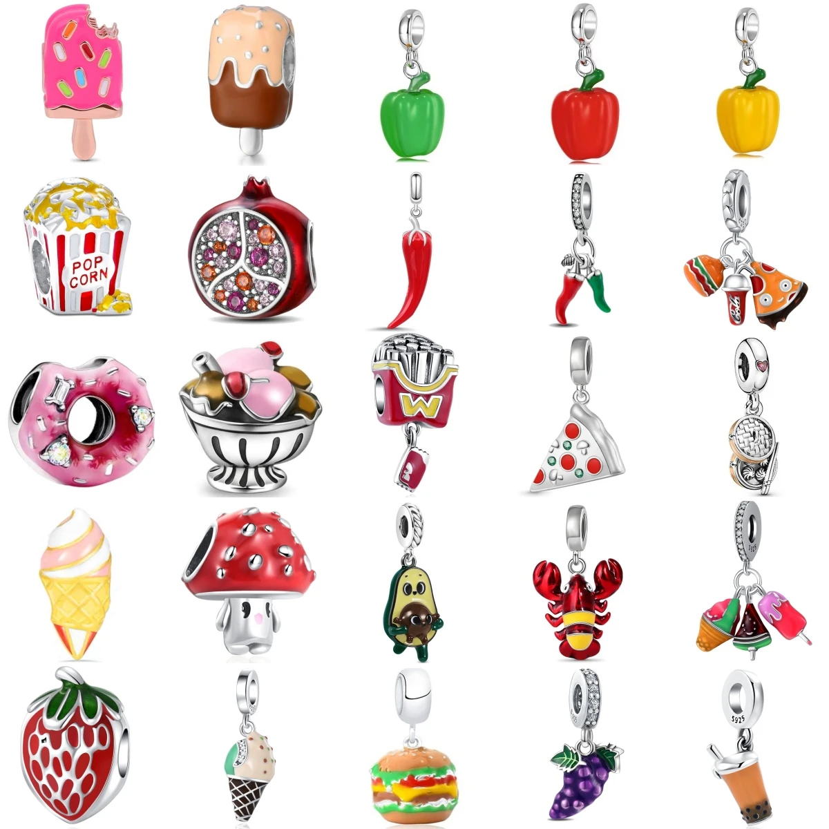 Abalorio de chile, pimienta, helado, Pizza, uva, compatible con Pulsera Original, accesorio de plata 925, joyería DIY para mujer, amuleto colgante de regalo