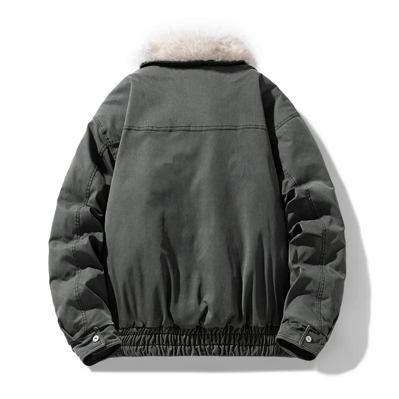2025 Мужское пуховое пальто, зимнее винтажное пальто с длинным рукавом и карманом на молнии, мужская куртка-карго, утепленная теплая меховая куртка-стойка, свободная мужская верхняя одежда