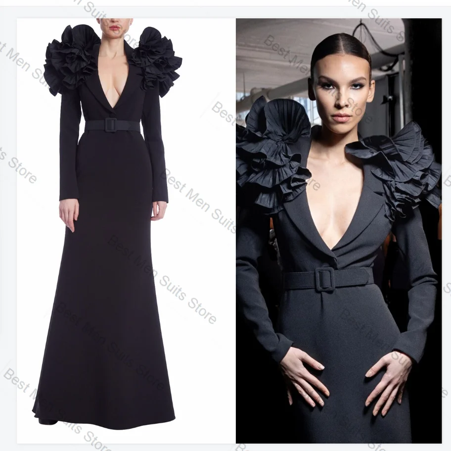 

Black Women Suit 1 Pcs Long Blazer Prom Dress Belted 3D Flower Formal Office Jacket Customized Wedding Tuxedos Sexy V Neck Coat