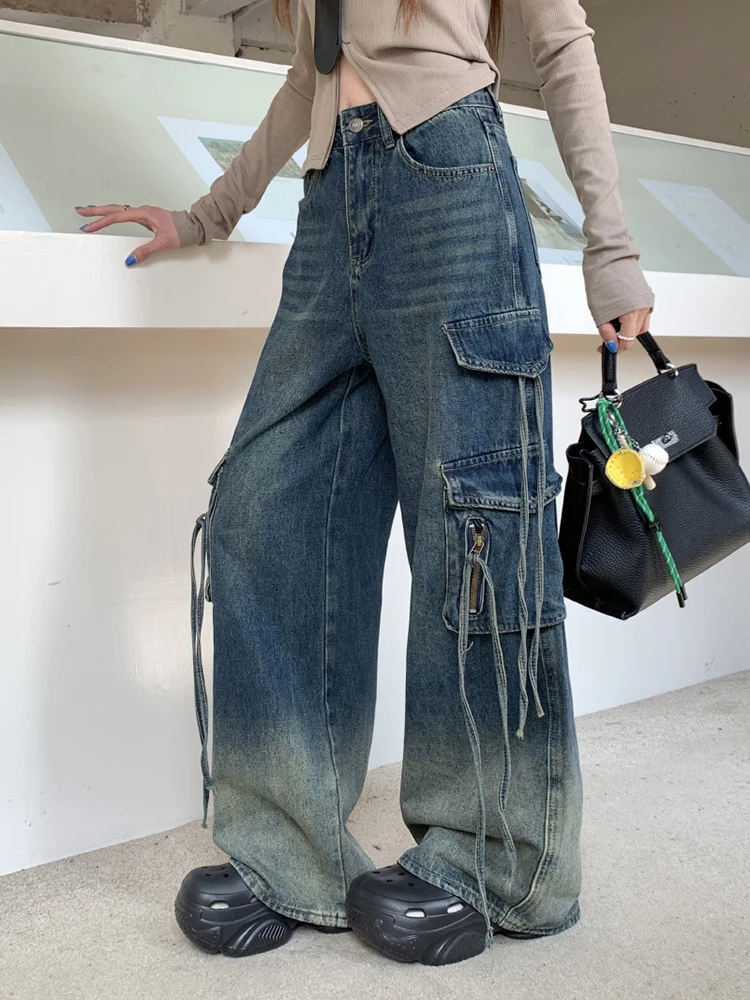 REDDACHiC Lint Zakken Vrouwen Baggy Jeans Vintage Wassen Gradiënt Snorharen Hoge Taille Cargo Brede Broek Skater Hiphop Streetwear