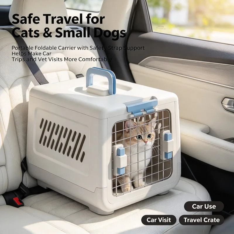Foldable Pet Airline Carrier, Portable Travel Cat Dog Crate, Collapsible Car Pet Transport Box