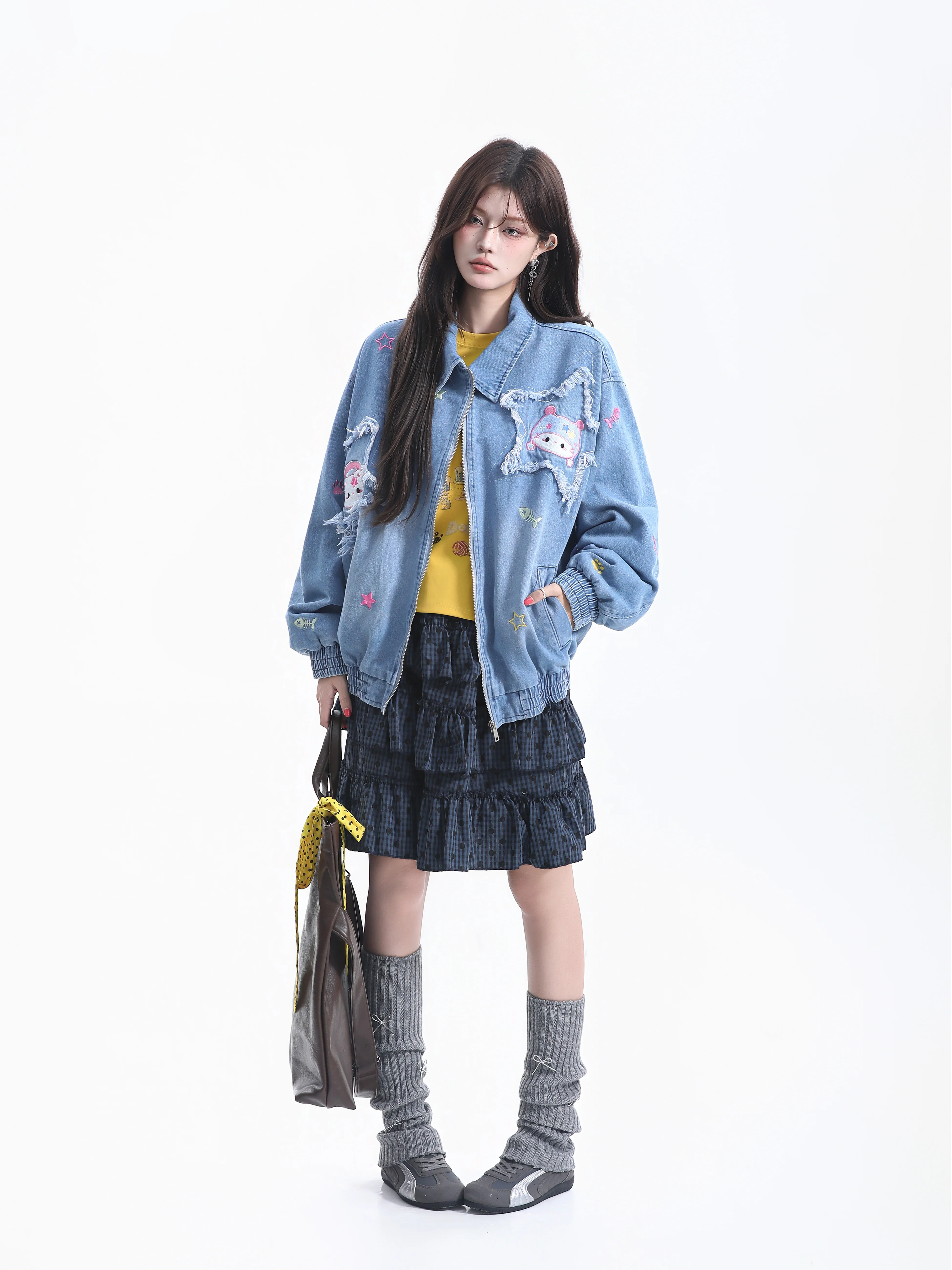 American Cartoon Embroidery Loose Women's Denim Jacket Star Patched Frayed Collar Unisex Outerwear Cotton Polyester Blend