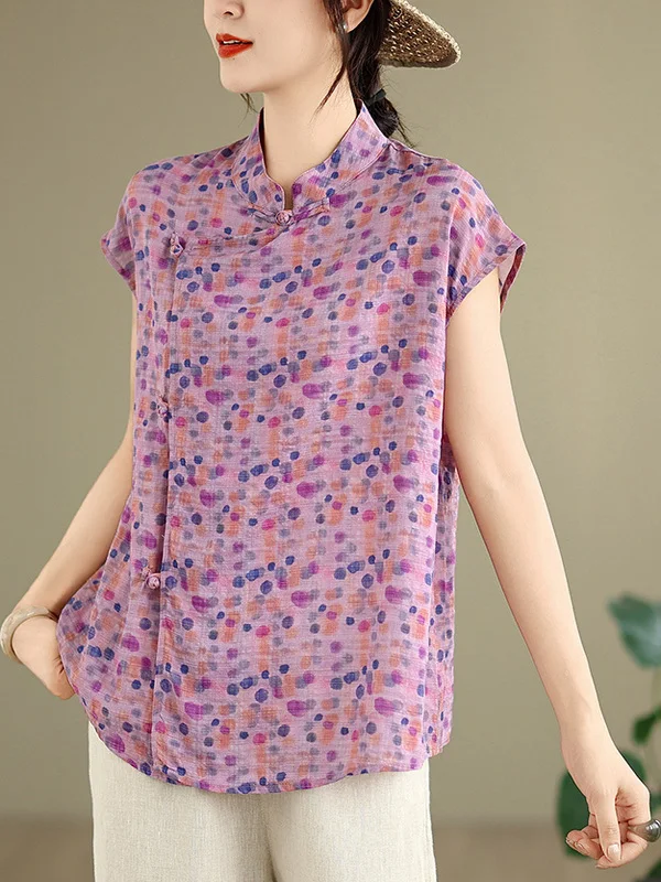 

New Chinese Sle Floral Print Button Cotton Linen Women's irt Summer Side Buttoned Top High End plus Size Small irt