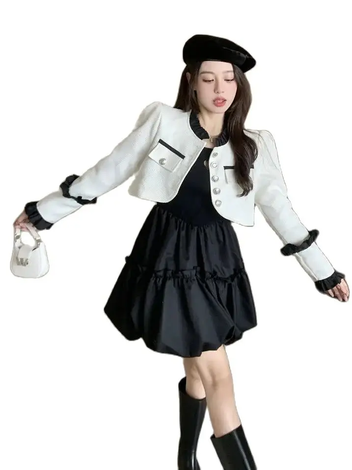 Korean Girl Group Two Piece Set Women Elegant Party Hollow Out Dresses Suit Female Designer Cardigans＋Sweet Strap Cake Dress