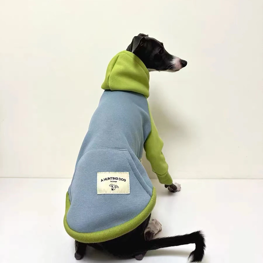 Thickened Hooded Sweatshirt for Pet, Color Block, Warm Greyhound Whippet, Large Size Dog Clothes, Winter