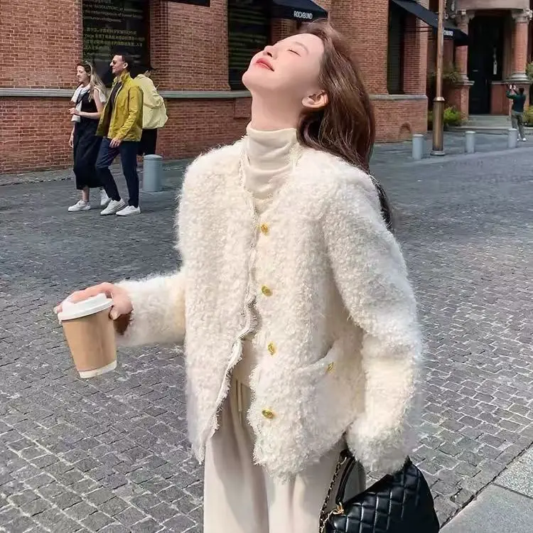 

White Lamb Fur Casual Thiened Woolen Outerwear Women's Autumn Winter New Design Sensation Small Fraance Sle Jaet