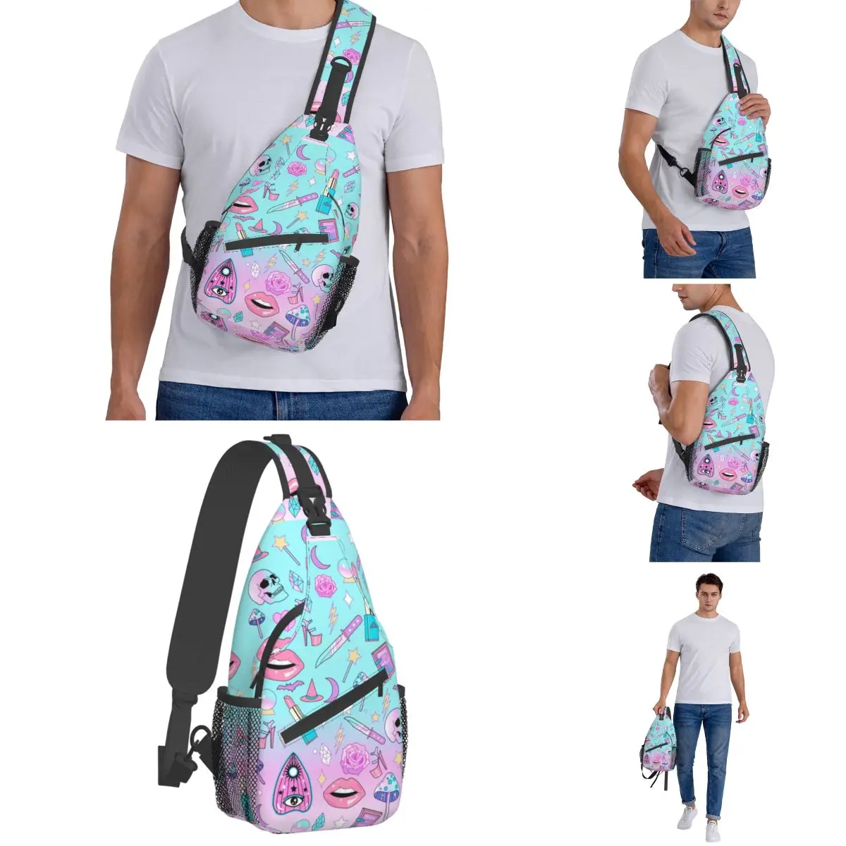 Girly Pastel Witch Sling Bags Chest Crossbody Shoulder Backpack Hiking Travel Daypacks Goth Pattern School Bags