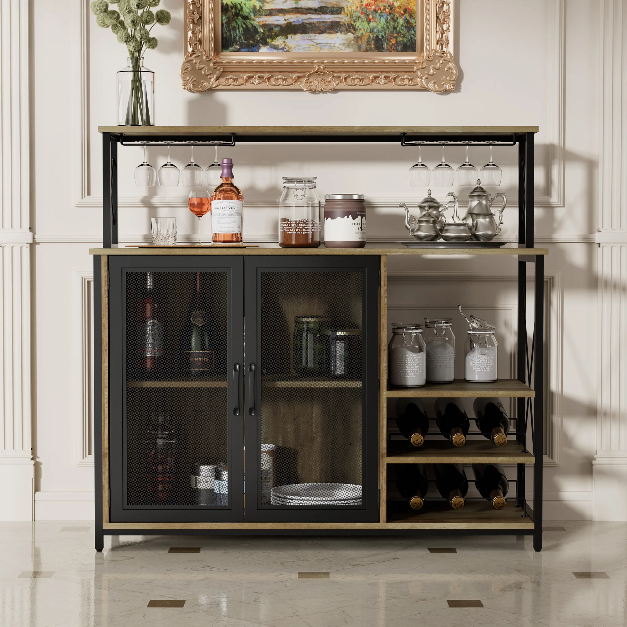 Wine Bar Cabinet with Removable Wine Rack, Coffee Bar Cabinet with Glass Holder, 3 Adjustable Open Shelves, Small Sideboard