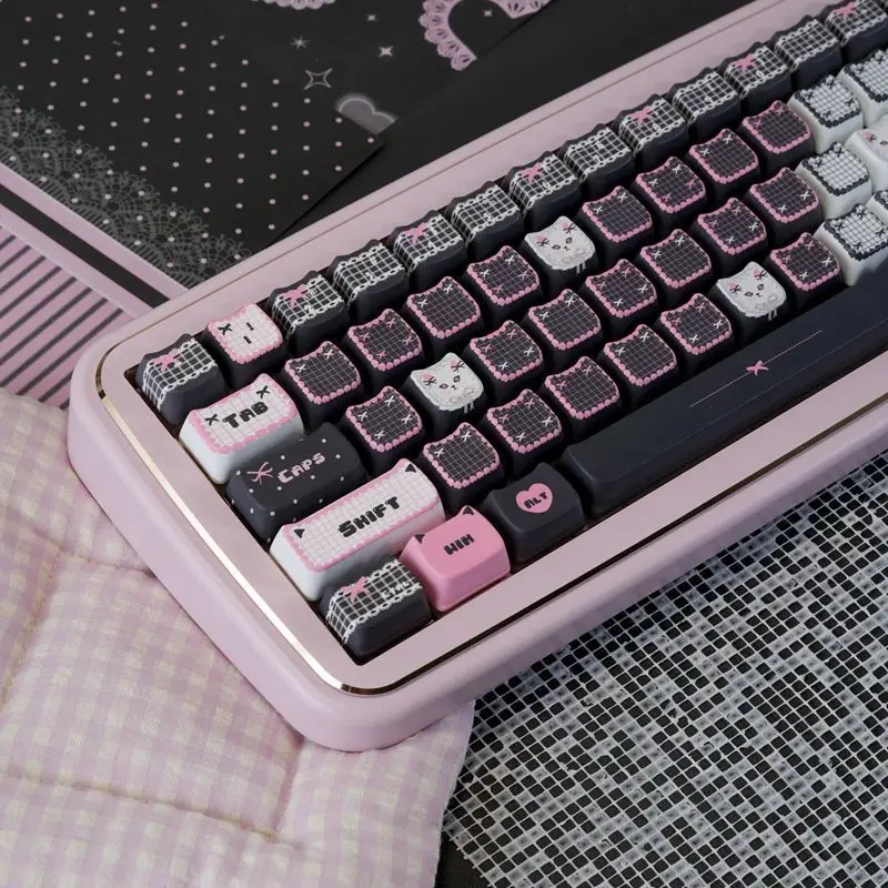 130 Key Black Pink Kitten Theme Keys Cute Keycaps PBT MOA Profile Keycap for ANSI Mechanical Keyboard Made68 Mad68 Wooting 60
