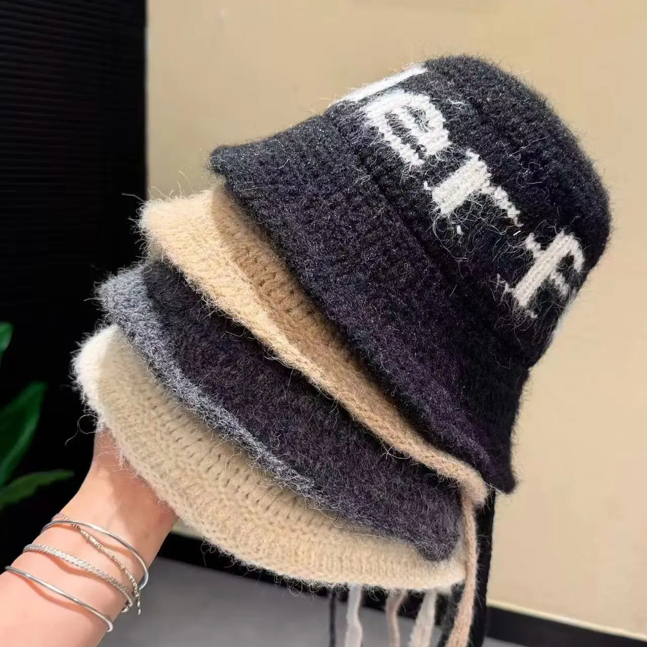 Autumn Winter Knitted Bucket Hat Outdoor Warmer Drawstring Fisherman Cap Gir Sweet Soft Basin Hats Headwears