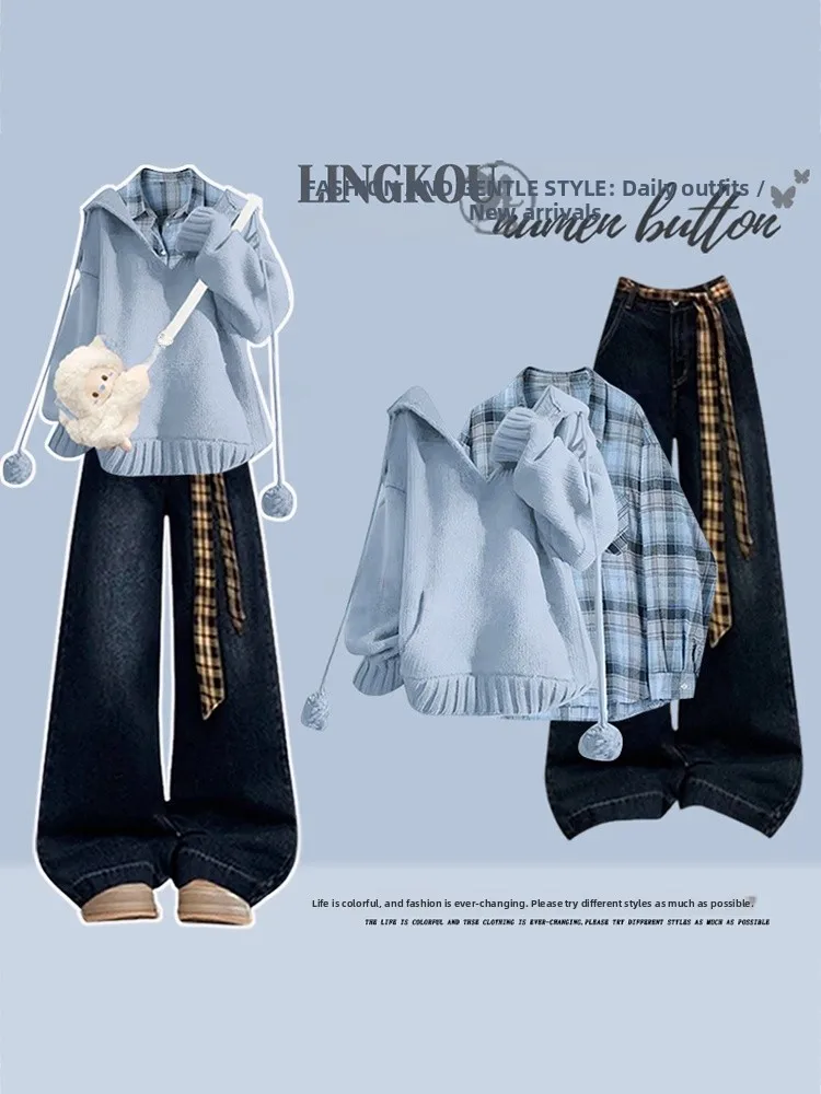 

Large Size Autumn Winter Women's Knitted Hat Sweatshirt Plaid Shirt Vintage Jeans Three-Piece Set High Waist Long Pants Casua...