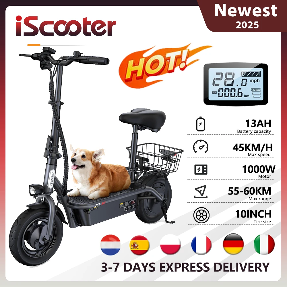 Scooter électrique pour adulte iScooter F3, 48V, 1000W, Max 45 km/h, pneus de 10 pouces, siège et panier, banlieue urbaine légère