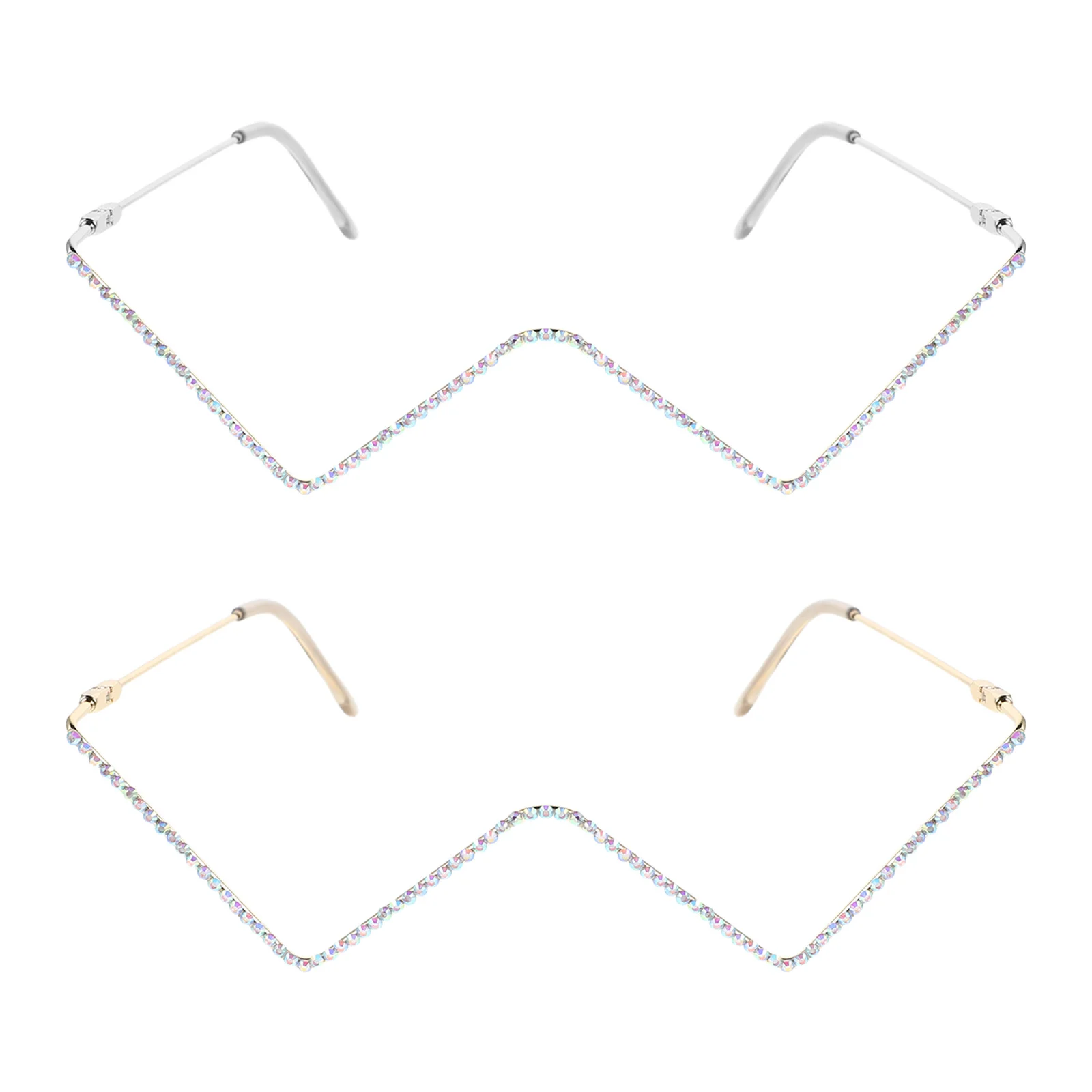 

2Pcs V Shape Lensless Eyeglass Frames Sparkling Crystal Metal Frame Stylish Geometric Design for Social Events Outdoor Parties