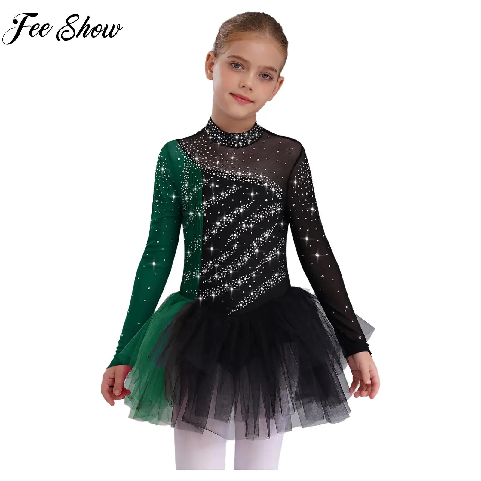 

Kids Girls Ballet Dress Gymnastics Performance Costume Long Sleeves Fashion Rhinestones Dress Lyrical Figure Skating Dancewear