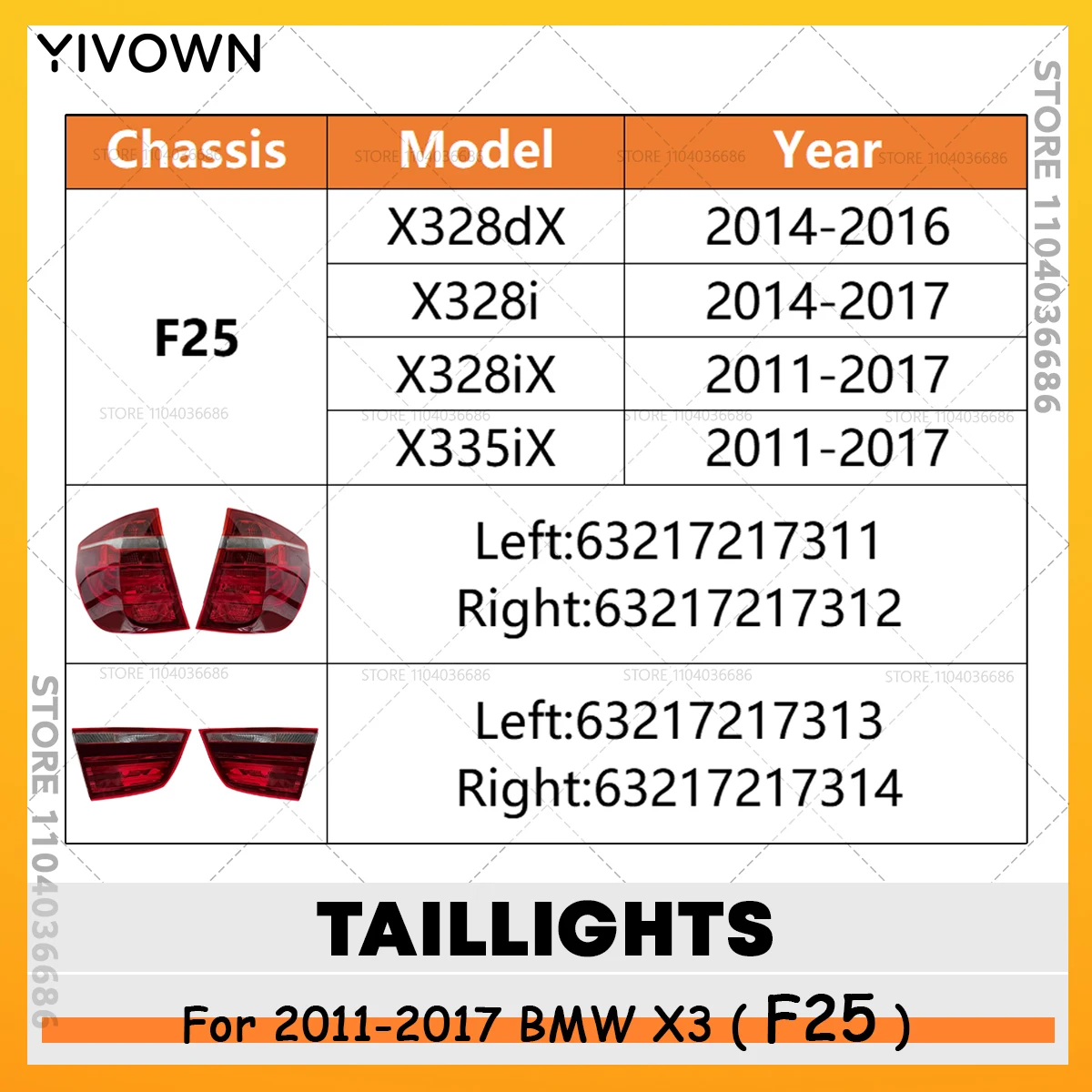 For 2011 2012 2013 2014 2015 2016 2017 F25 BMW X3 Position Brake Reverse Rear Tail Light Stop Lamp Taillights Turn Signals