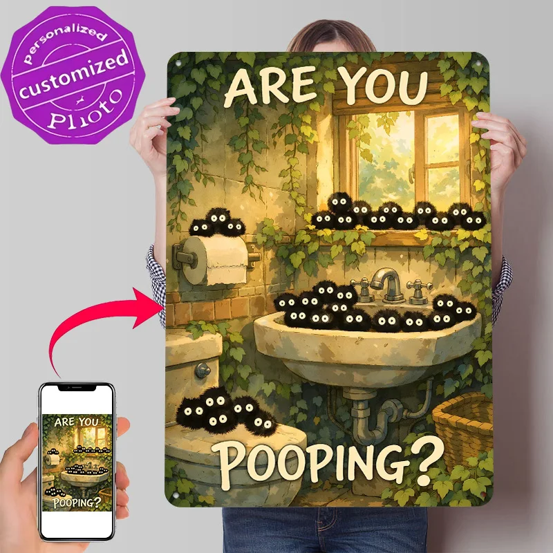 Are You Pooping? Funny Susuwatari in a Bathroom Poster Retro 3D Printed Metal Signs Customized Wall Hanging Gift for Desk Decor