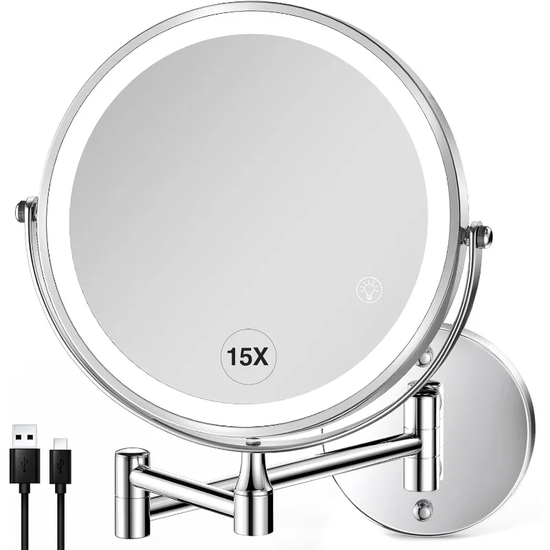 

Wall Mounted Lighted Makeup Mirror: 8.5 Inch Double Sided Makeup Mirror with 1X/15X Magnification for Vanity, Bathroom
