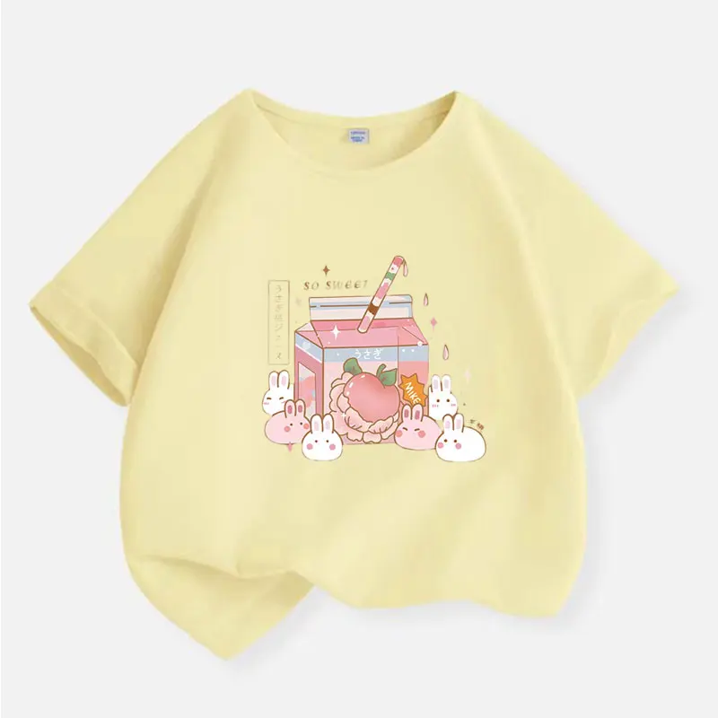 Camiseta de verano para niños, camiseta de conejo tan dulce, camiseta rosa con estampado de dibujos animados para niñas, camiseta de manga corta para niños, Camiseta de algodón a la moda, ropa