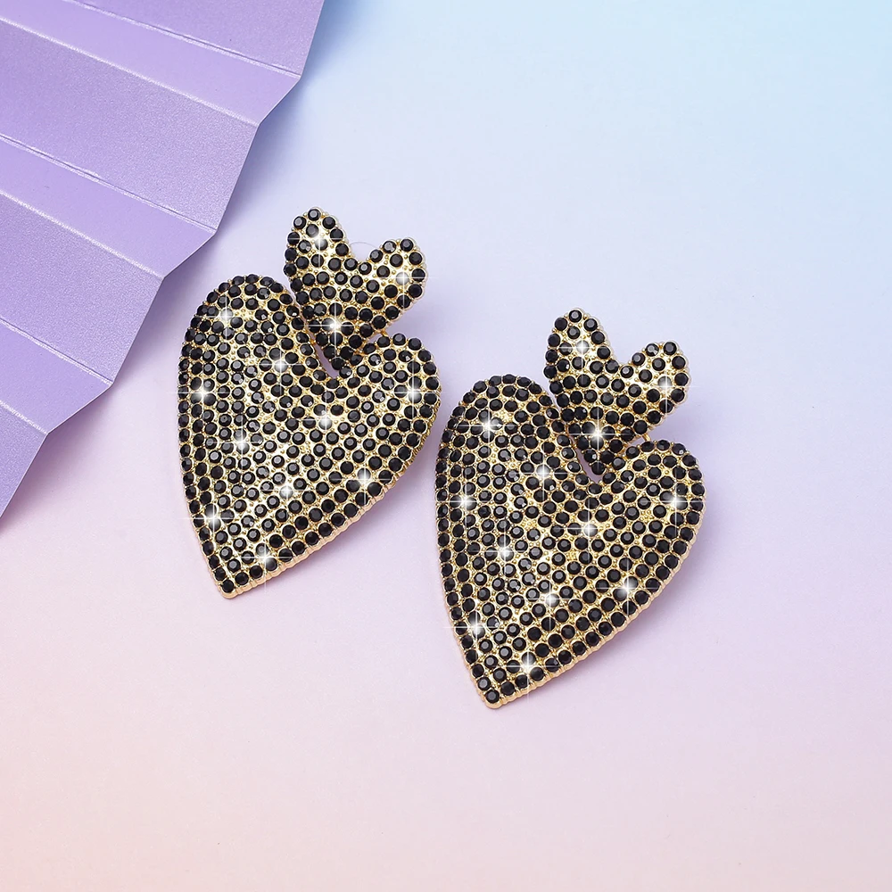Metal Inlaid Rhinestone Large Dangle Drop Heart Earrings For Women Vintage Elegant Valentine Day Gift Ladies Stud Jewelry
