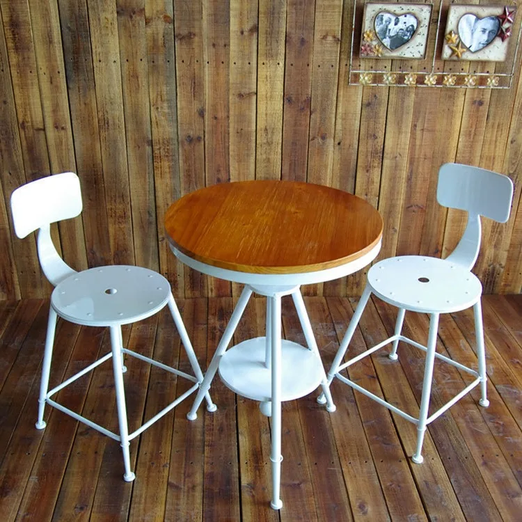 Retro wrought iron solid wood balcony simple small apartment round dining table and chair combination