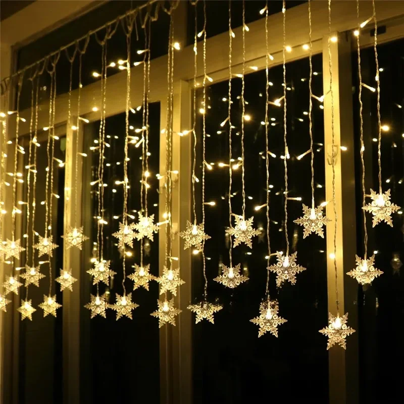 New Year Snowflake LED String Lights EU Plug 2025 Christmas Garland Home Wedding Party Indoor Garden Decoration Holiday Lighting