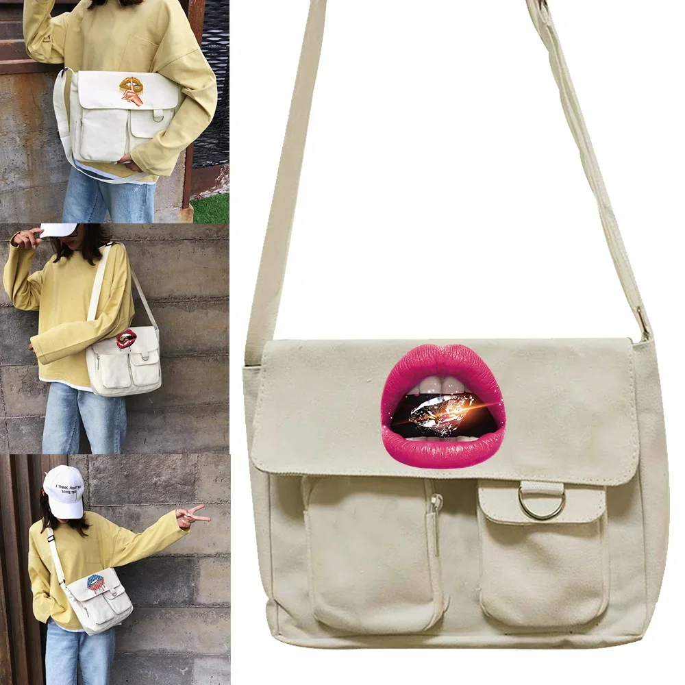 

Youth Canvas Messenger Bag Simple Student Style Shoulder Bags New Women Casual All-match Postman Case Mouth Print Crossbody Bag