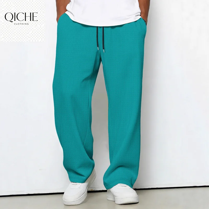 QICHE Men Solid Color Drawstring Long Pants Loose Straight Casual Sports Trousers Four Seasons New Style