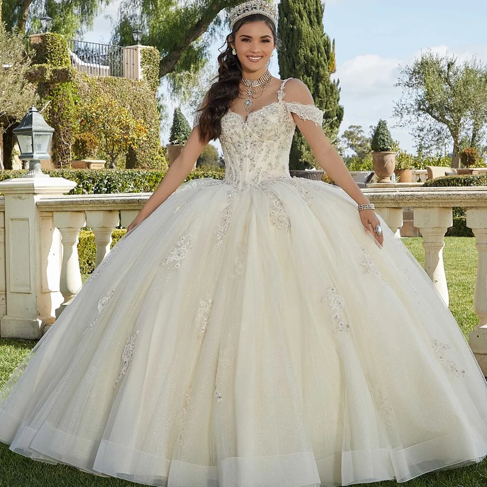 EVLAST-vestido De quinceañera con hombros descubiertos para mujer, vestido De baile De encaje, apliques De cuentas, dulce 16, 15 Años, TQD086, nuevo