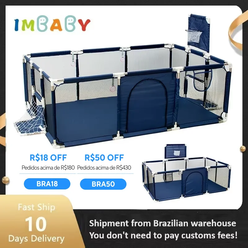 Imbaby cercadinho para bebês com estrutura de basquete corralito para bebês, playground interno multifuncional para crianças