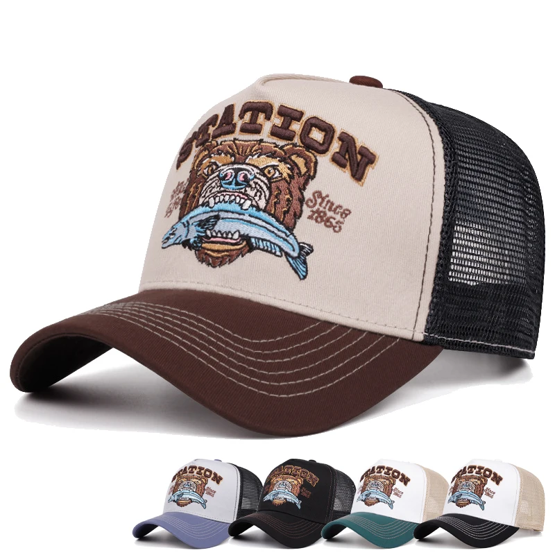 

Лидер продаж, унисекс, кепка с рисунком головы медведя, летняя дышащая шляпа дальнобойщика, мужская и женская кепка Snapback для рыбалки на открытом воздухе