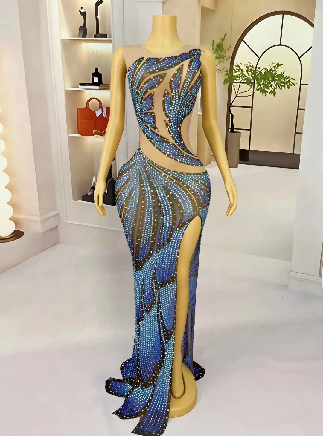 

Women Sexy Colorful Sparkly Rhinestones Sleeveless Dress Transparent Stretch Outfit Club bar Birthday Party Photoshoot dress