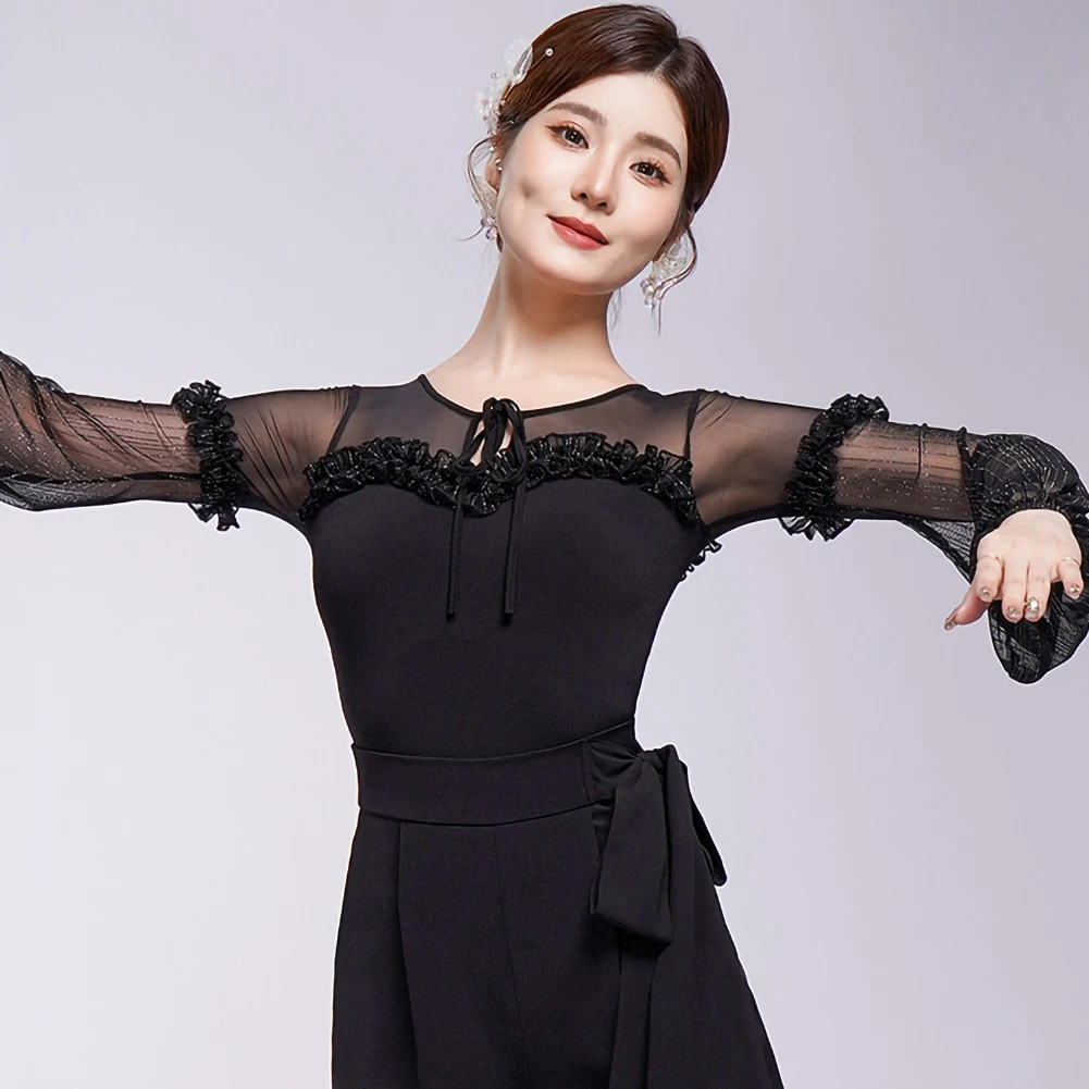 Vêtements de danse modernes pour femmes, haut violet, danse de salle de bal, chemise rétro rouge, manches lanternes noires, Jumbo, nouvelle collection