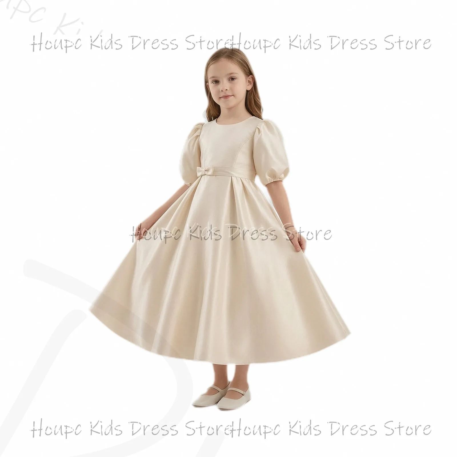 Princess Style Satin Puffed Sleeve Floor-Length Wedding Birthday Party Custom Flower Girl Dresses Evening Party Prom Dresses