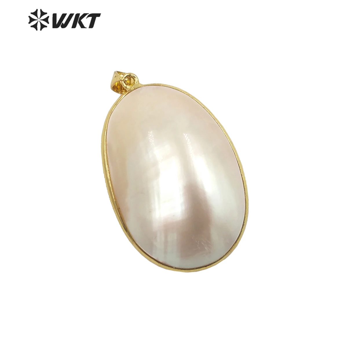 

WT-JP338 Wholesale Fashion Gold Bezel Brightly Natural Mabe Shell Pendant Long Oval Pink ACC Jewelry For Friends Gift