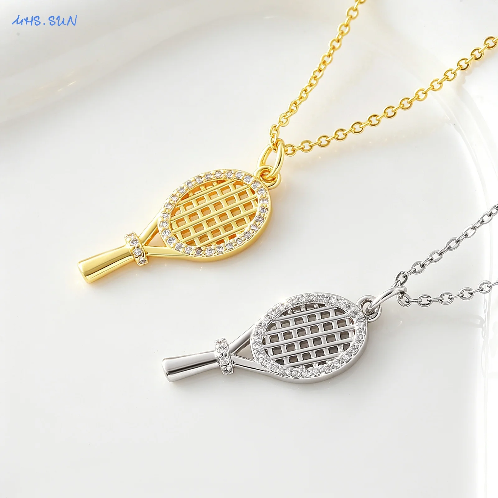 MHS.SUN Fashion Cubic Zircon Tennis Racket Pendant Necklaces for Women Men Personality Gold Color Chain Party Jewelry 1PC