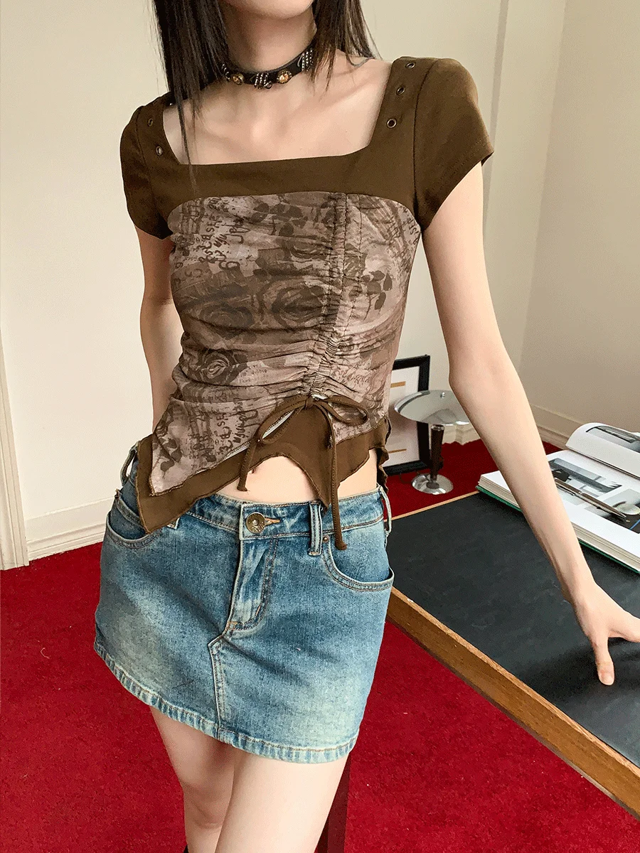 

Hot Sweet Y2K Short Design T Shirt Tops Woman Summer Vintage Chic Print Shirring Asymmetrical Lady Shorts Blusas For Party Night