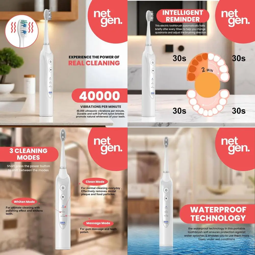 

Электрическая зубная щетка для взрослых с 5 насадками, 3 режимами, таймером на 2 минуты, перезаряжаемая и удобная для путешествий, белая